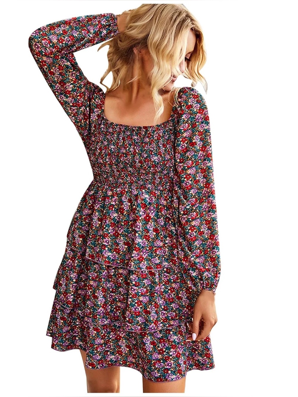 Vici Square Neck Floral Print Puff Sleeve Tiered Ruffle Mini Dress Size Large